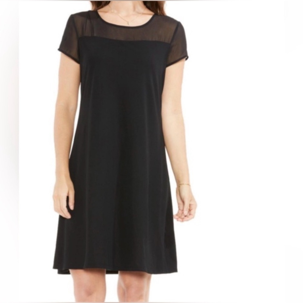 Vince Camuto Mini Shift Dress with Sheer Neckline and Sleeves, Black, Size L